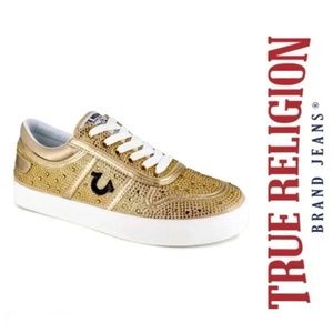 True Religion metallic golden rhinestone embellished The Esperanza sneak NWOT